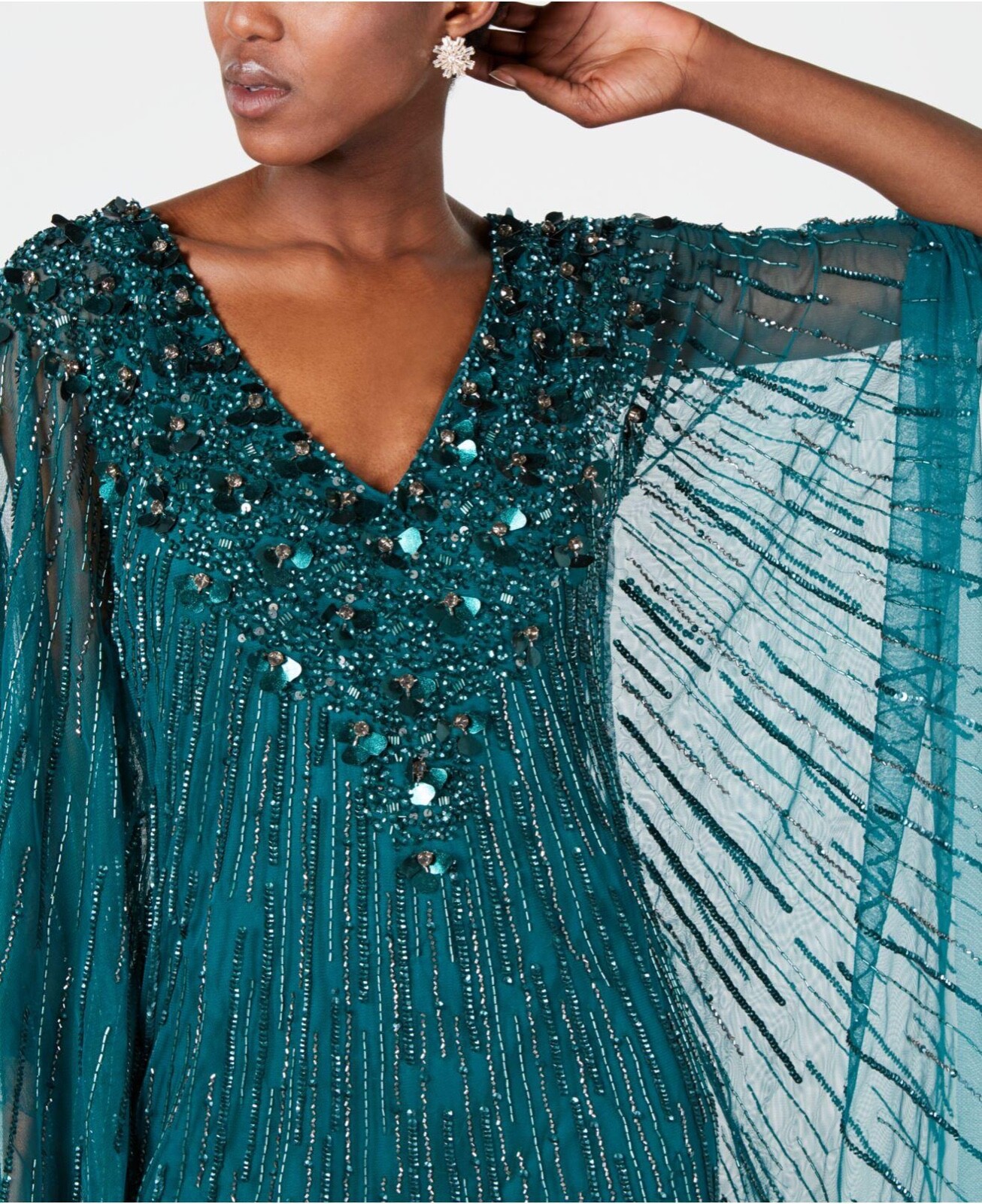 NEW Adrianna Papell Beaded Sequin Mesh Kaftan Dress Dark Jade [SZ Small ] #G809