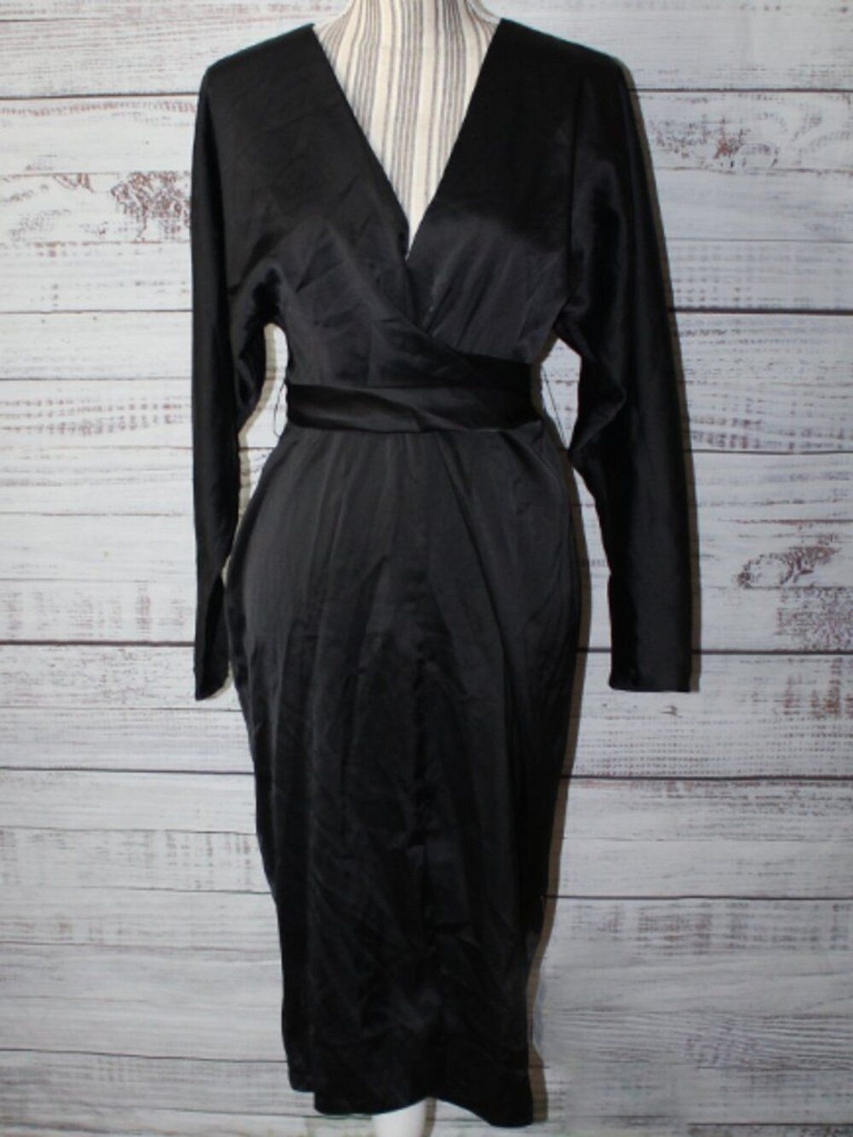 NWT ASOS DESIGN satin midi black dress with batwing sleeve and wrap waist Size 6