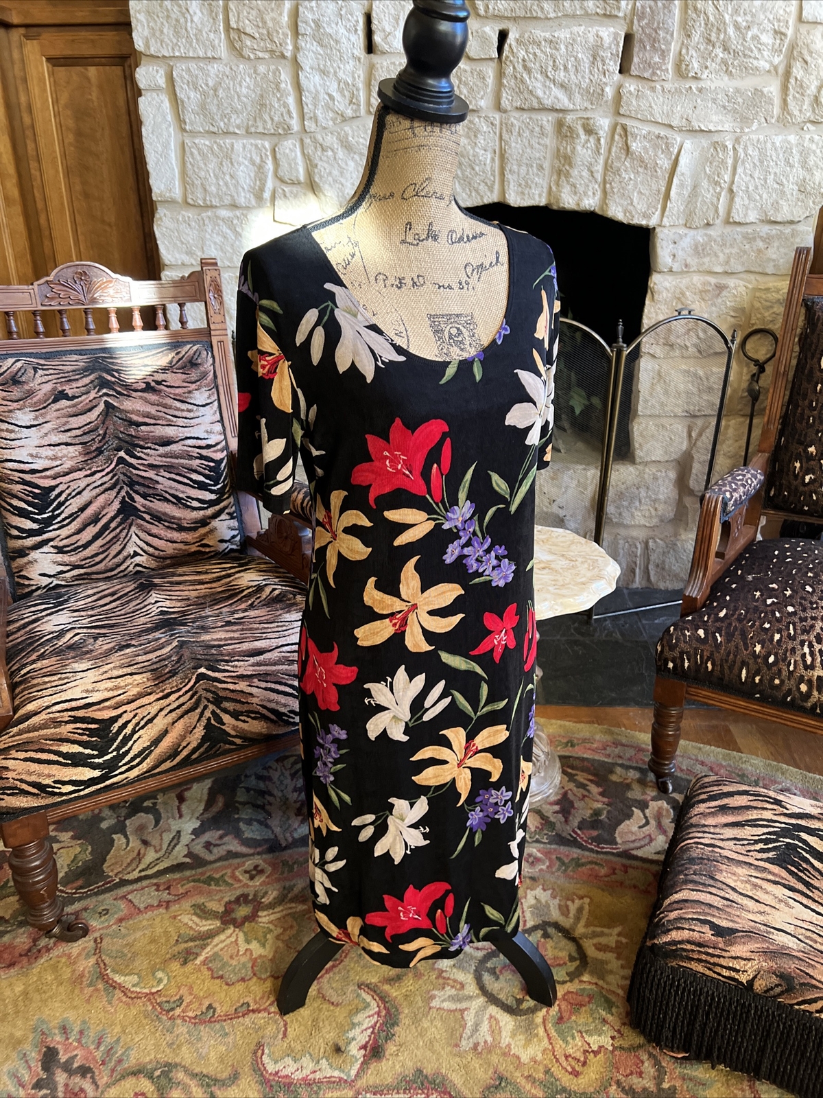 Slinky Brand Black Floral Dress Travelers Fabric Easy Swing No Wrinkle S 38” 35”