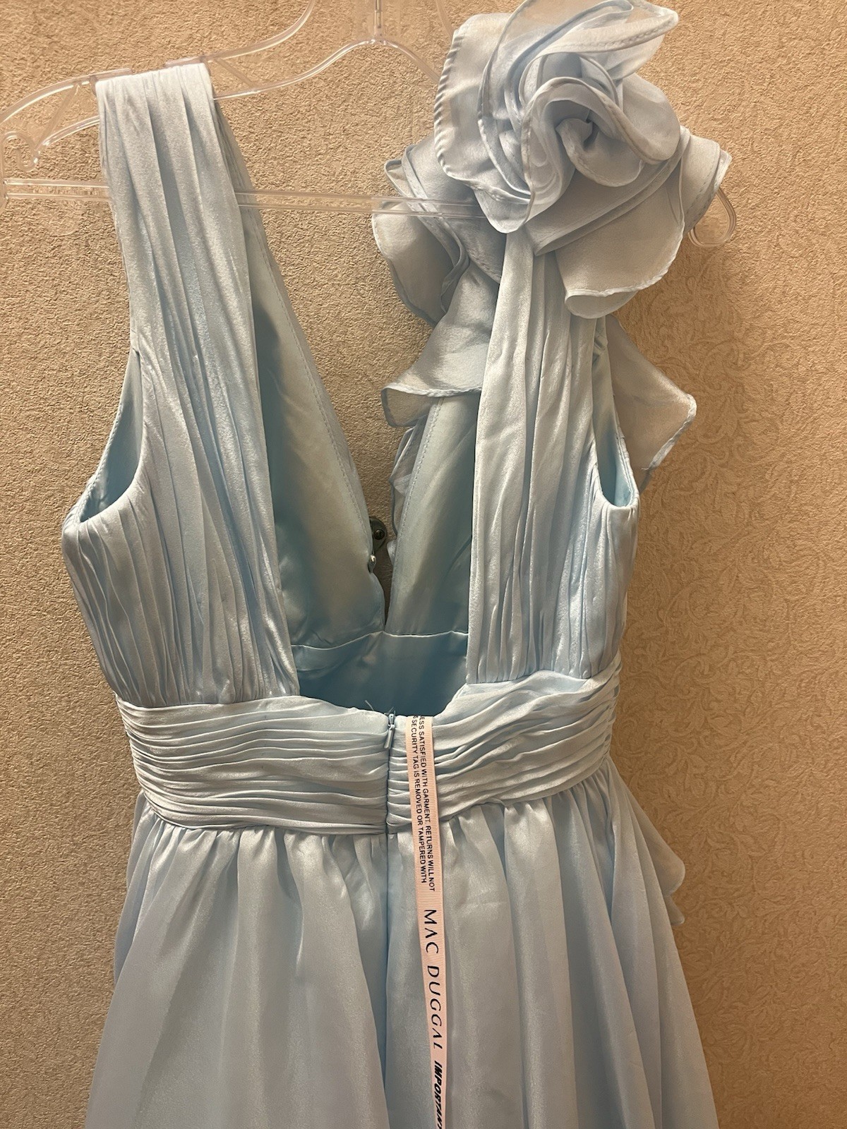 Mac Duggal Light Blue Chiffon One-Shoulder V-Neck Ruffle Long Gown Size 2