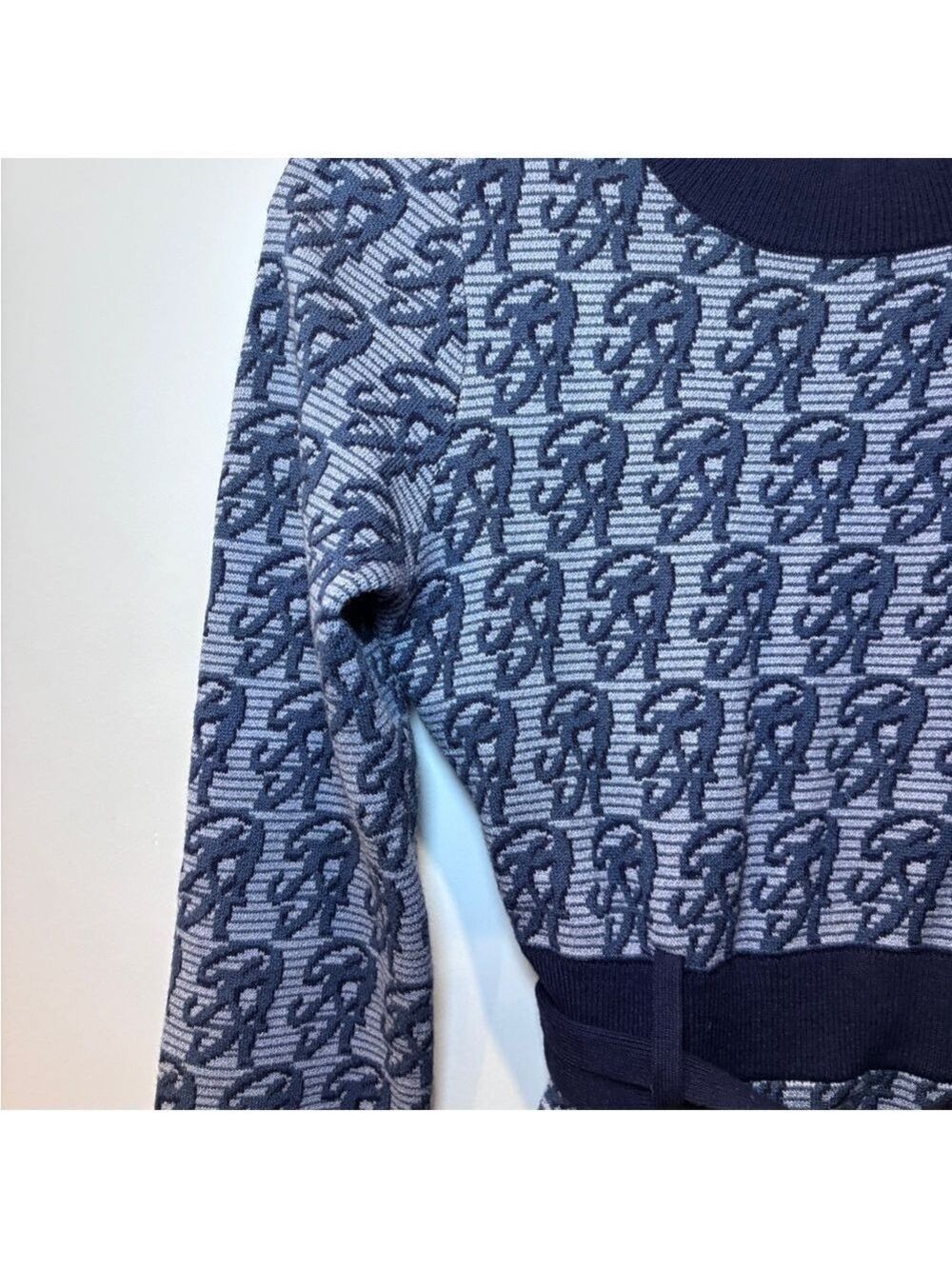 REDYAZEL Japan Monogram Knit Sweater Dress Belted Navy Logo Print 0483