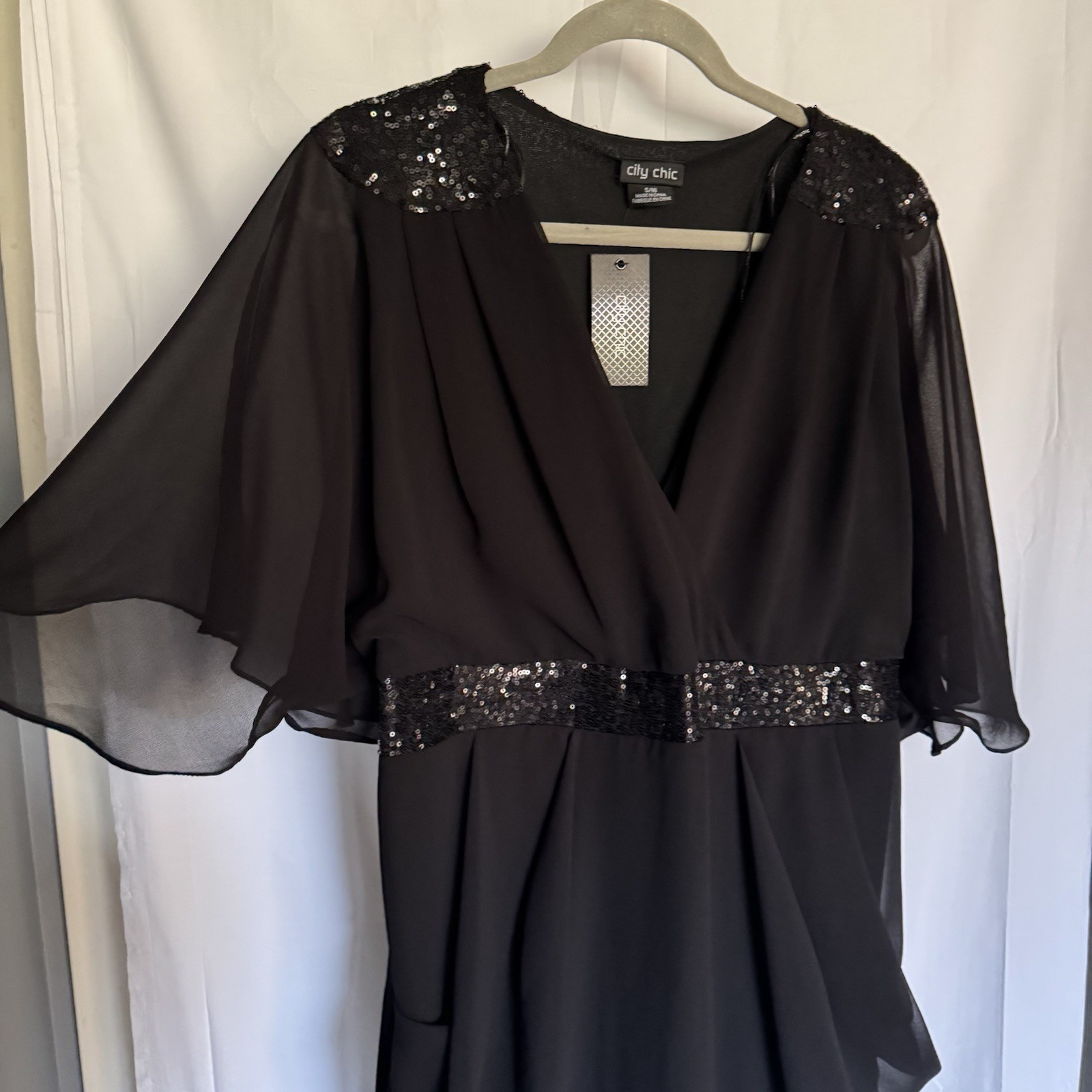 City Chic Black Sequin Wrap Dress S/16 Knee Length Plus Short Flutter Sleeve
