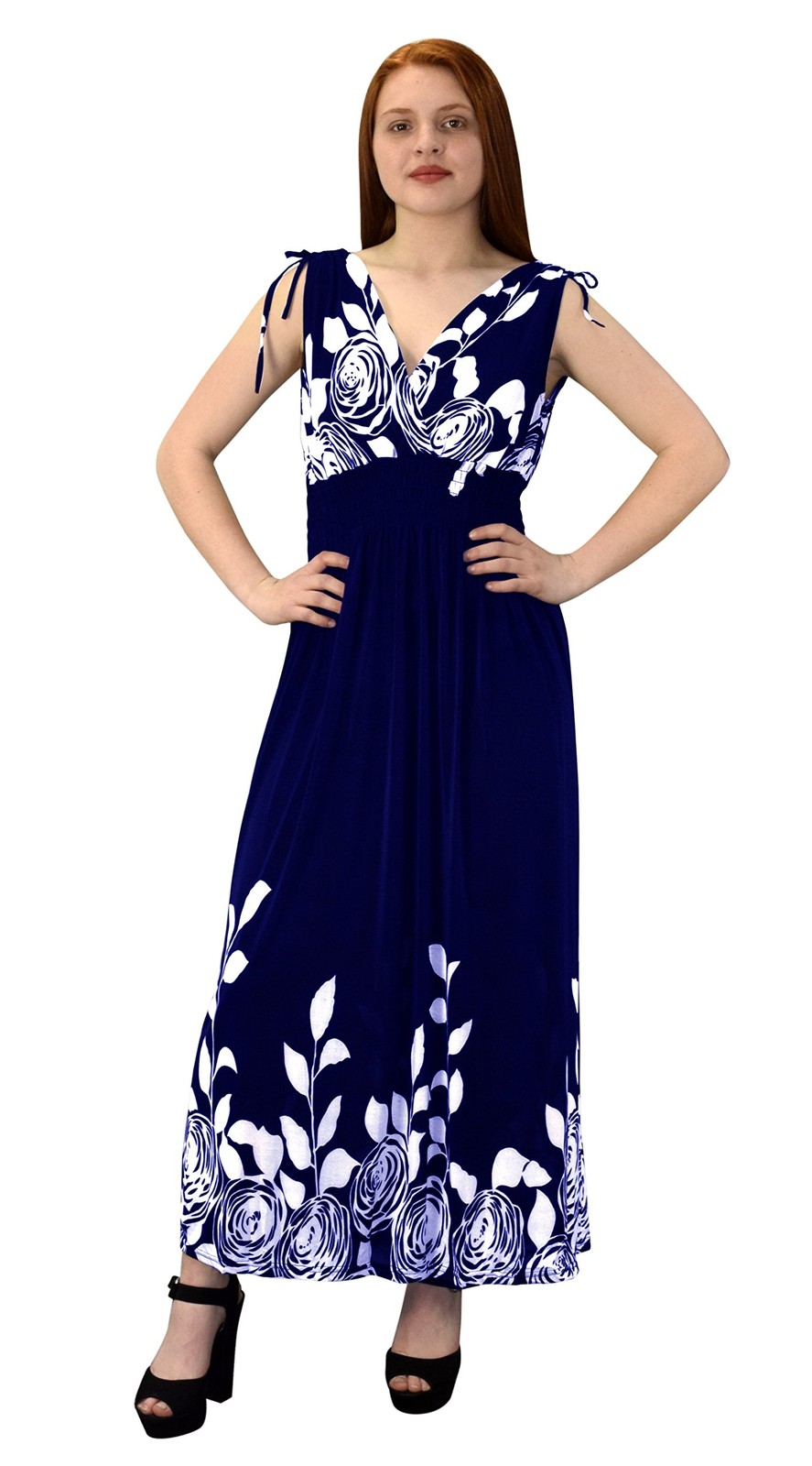 Gypsy Floral Rose Print Boho Maxi Dress Navy XL Sleeveless Elastic Waist