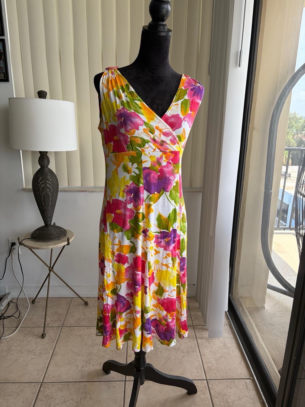 Valerie Lynn floral wrap dress with pink, yellow, and purple flowers. Size 12