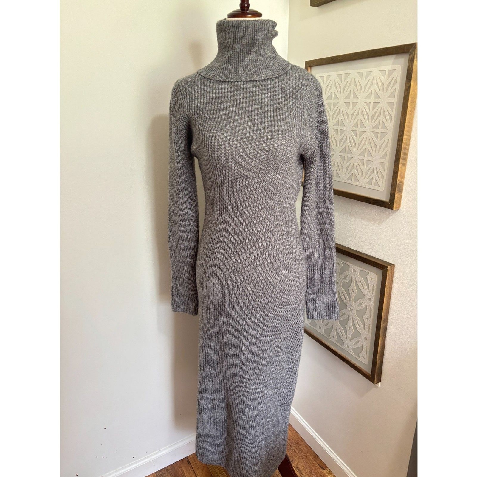 MNG Gray Ribbed Turtleneck Sweater Dress Midi Fitted Minimalist Cozy Office Goth