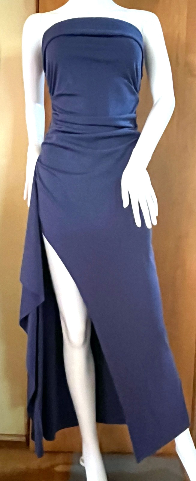 WOMEN’S NAVY BLUE RUCHED SIDE SLIT STRETCHY STRAPLESS LONG MAXI DRESS – M
