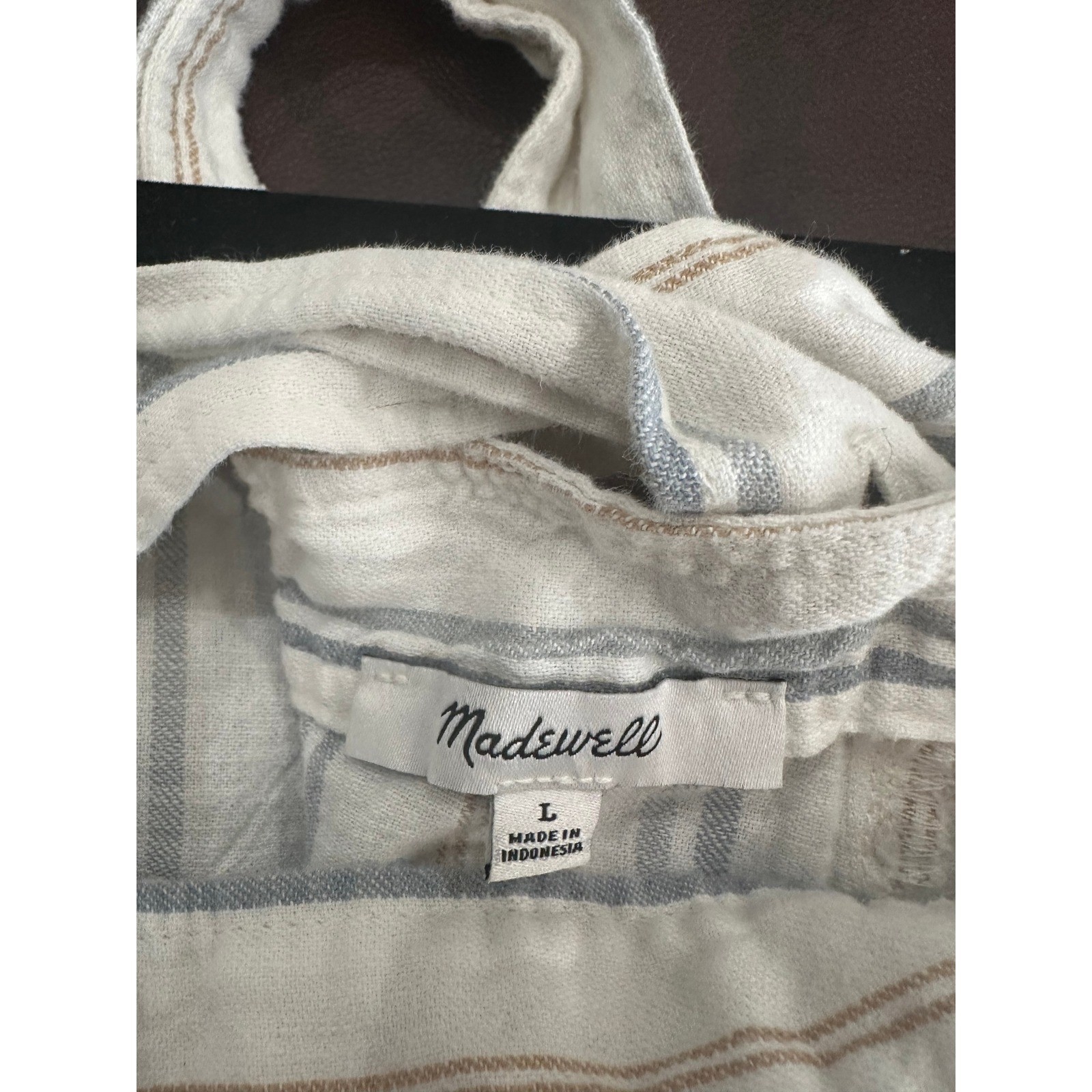 Madewell Striped Linen Blend Button Strap Midi Dress White Blue Tan Large