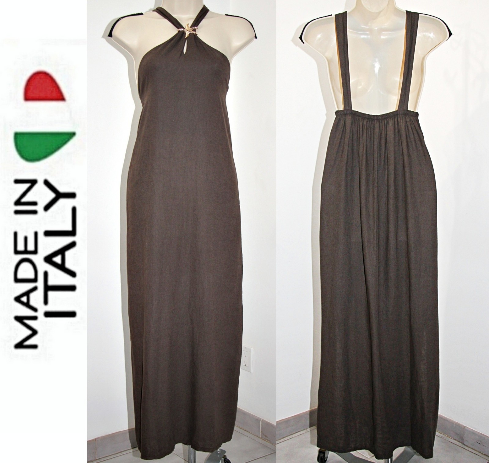 ROSEMARINE Open Back Goldtone Seastar Linen-Blend 55″ Maxi Beach Dress Brown M