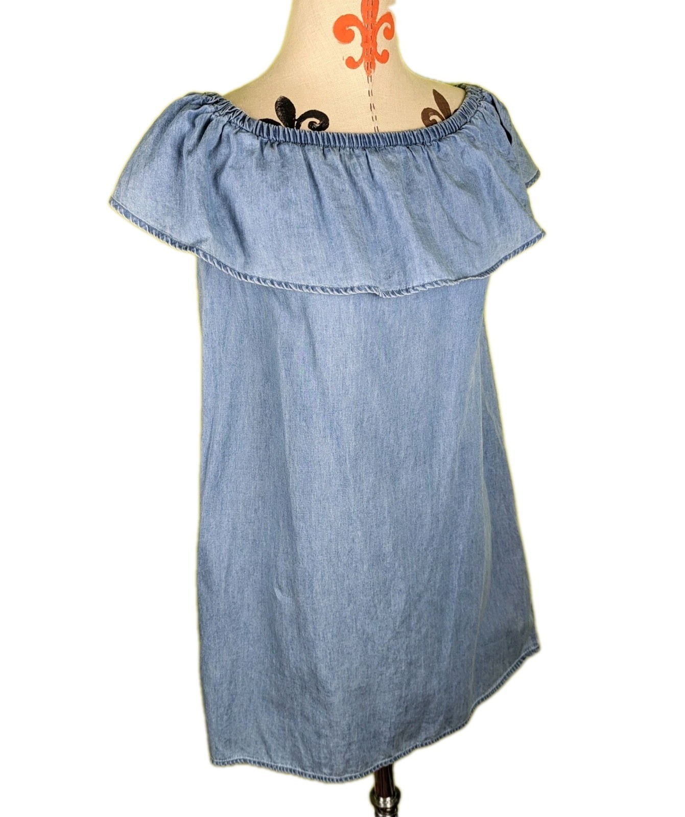 Sauci 100% Cotton Denim Chambray Mini Dress Elastic Ruched Neck Blue Women S EUC