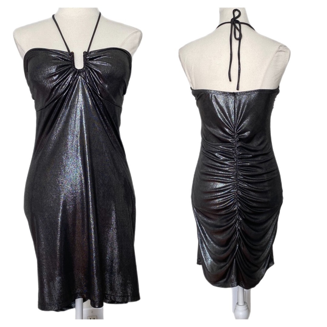 U&Me Vintage Women’s Silver Metallic Padded Back Ruched Bodycon Cocktail Dress L