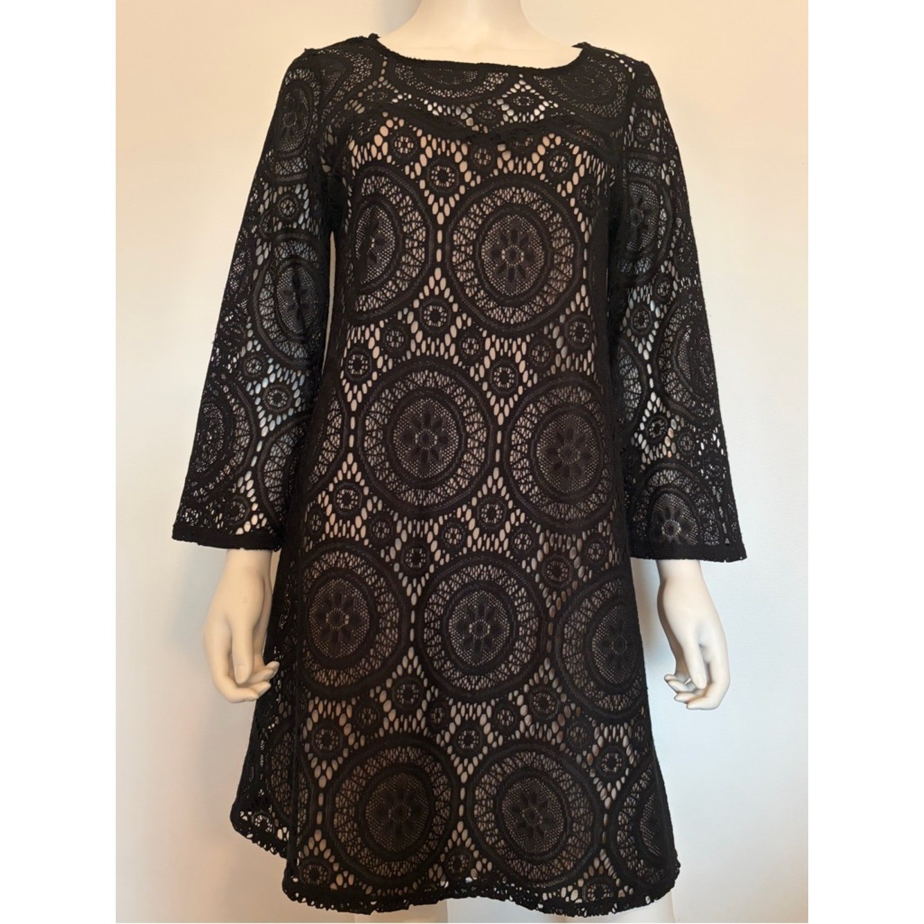#597 Tacera Beautiful Black Long Sleeve Lace Shift Dress