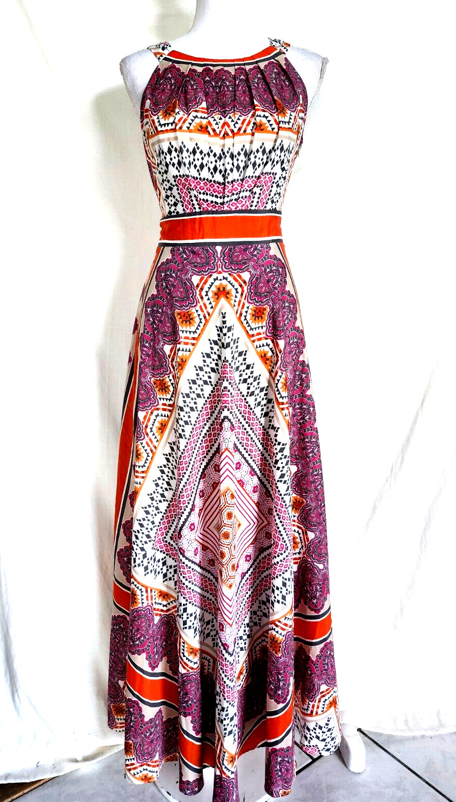 Chico’s Scarf Print Bow Neck Women’s Long Maxi Halter Dress Size 0 Fit and Flare