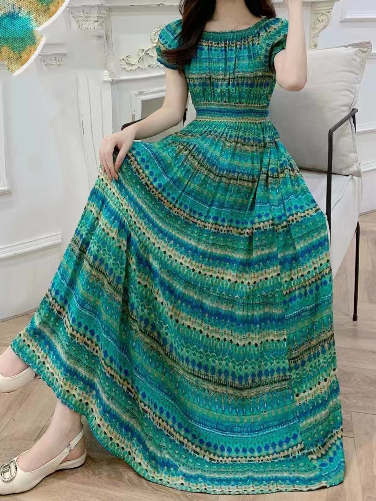 Ladies Bohemian Elegant Long Dress Elastic Waist Versatile Fit Any Body Shape