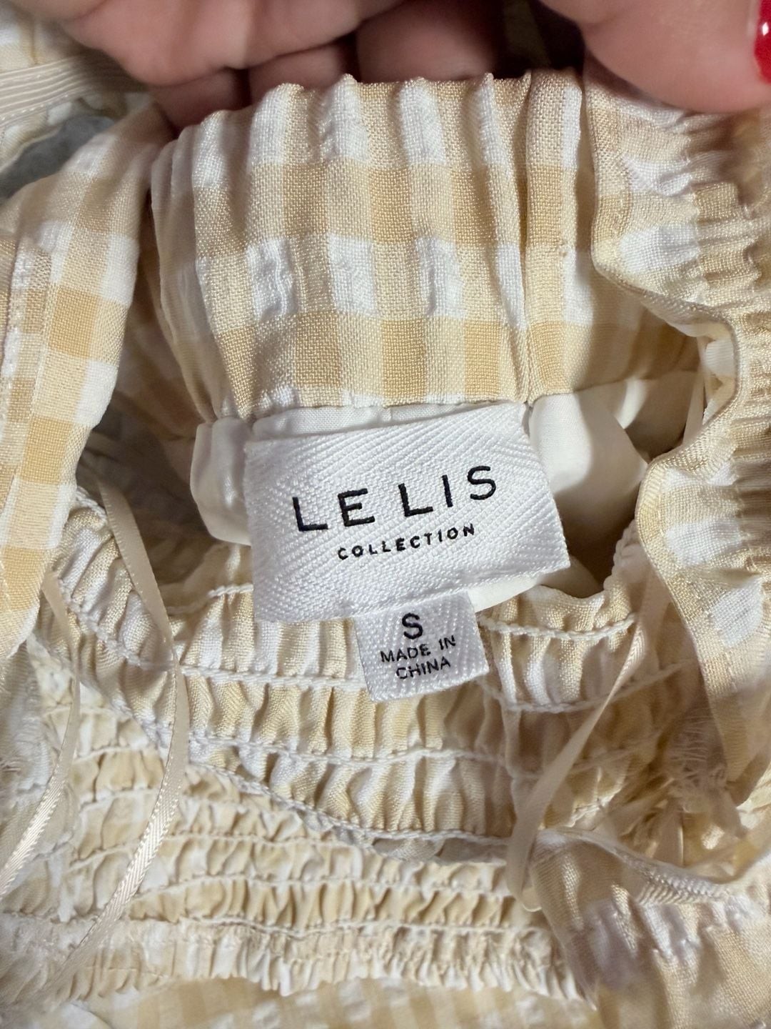 Le Lis Collection Yellow White Gingham Seersucker Smocked Midi Dress Tie Back