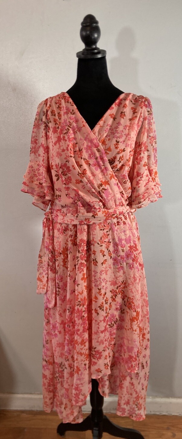DKNY Light Sunkist Coral Multi V-Neck Triple Women Dress Size 16