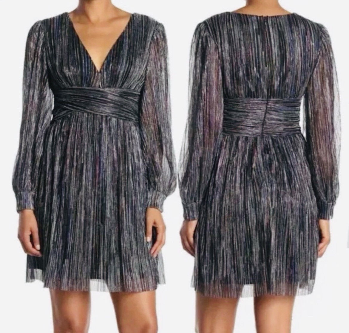 Trina Turk Metallic Stripe Dress Size 6 Cherry Blossom Deep V-Neck Long Sleeves