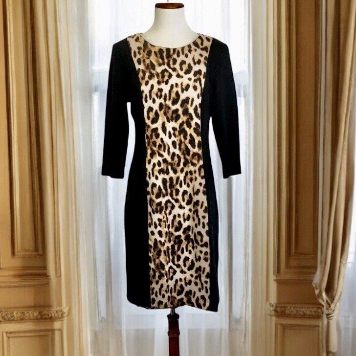 Chicos So Slimming Dress Womens Small 4 Black Brown Leopard Shaper Lined Sheath