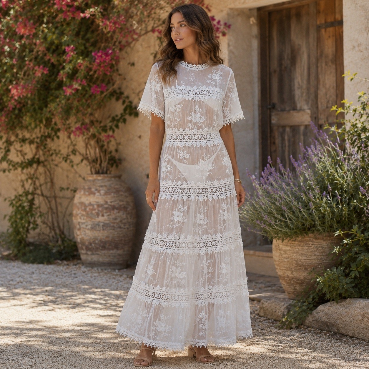 Tularosa White Lace Maxi Dress Womens S Boho Cottagecore Embroidered Sheer Beach