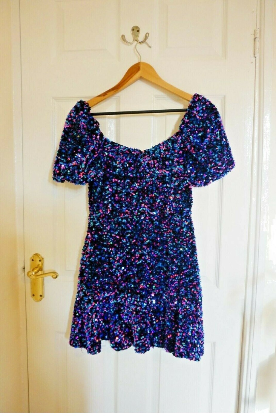 Zara Sequin Mini Dress V neck Elastic Cuffs A-line Skirt Black Blue M BNWT