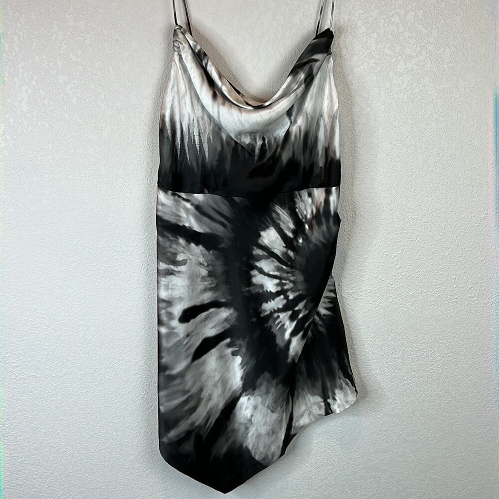 Retrofte Auris Draped Printed Silk Mini Dress Black Tye Die XL