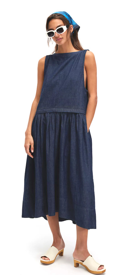 NEW FREE PEOPLE DARK WASH SORAYA DENIM MIDI DRESS SZ S