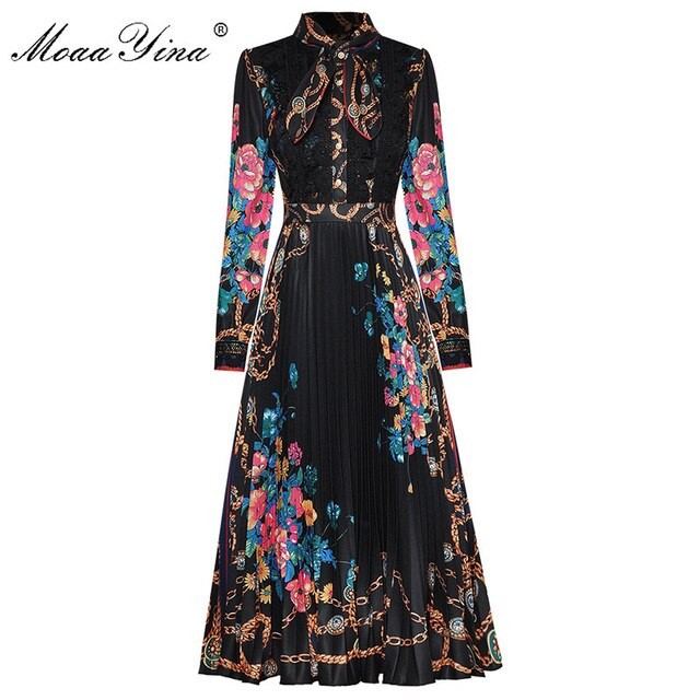 Vintage Floral Lace Pleated Bow Collar Maxi Dress M Black