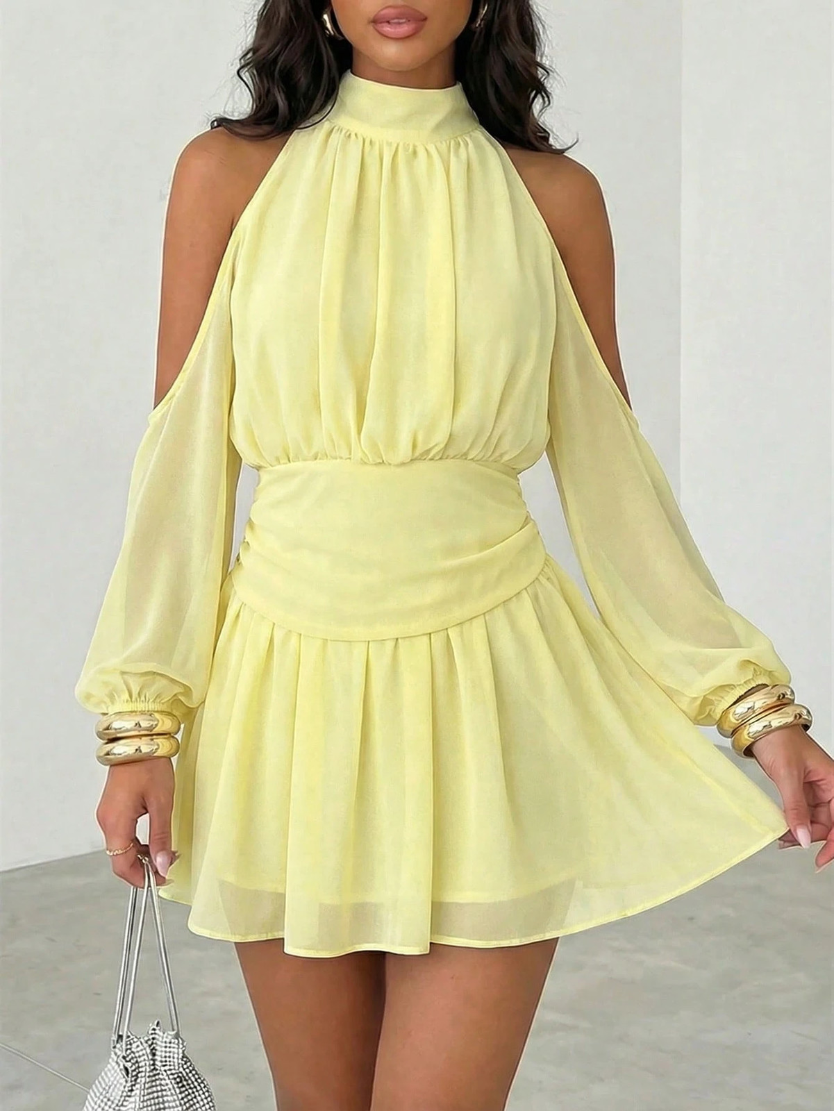 Firerie Elegant Light Yellow Chiffon Mini Dress for Women with Halter Neck and Schu