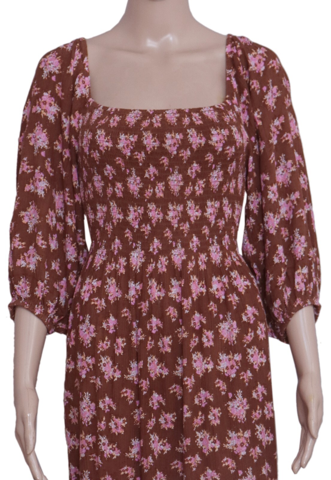 UO Lottie Chocolate Floral Tie-Back Midi Dress Printed Smocked Puff Sleeve New L