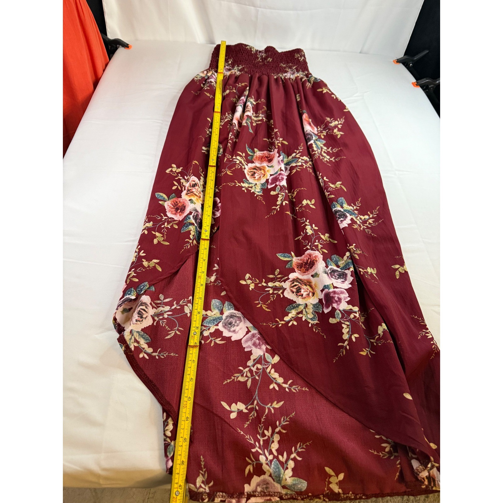 Burgundy Floral Smocked Strapless High Low Maxi Dress Wine Boho Tulip Hem