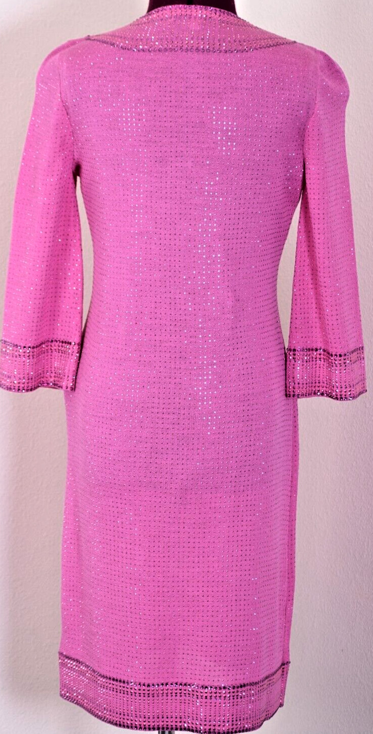 ST JOHN Women’s Knit Pink Studs Throughout Rhinestone Trim Dress Sz 2