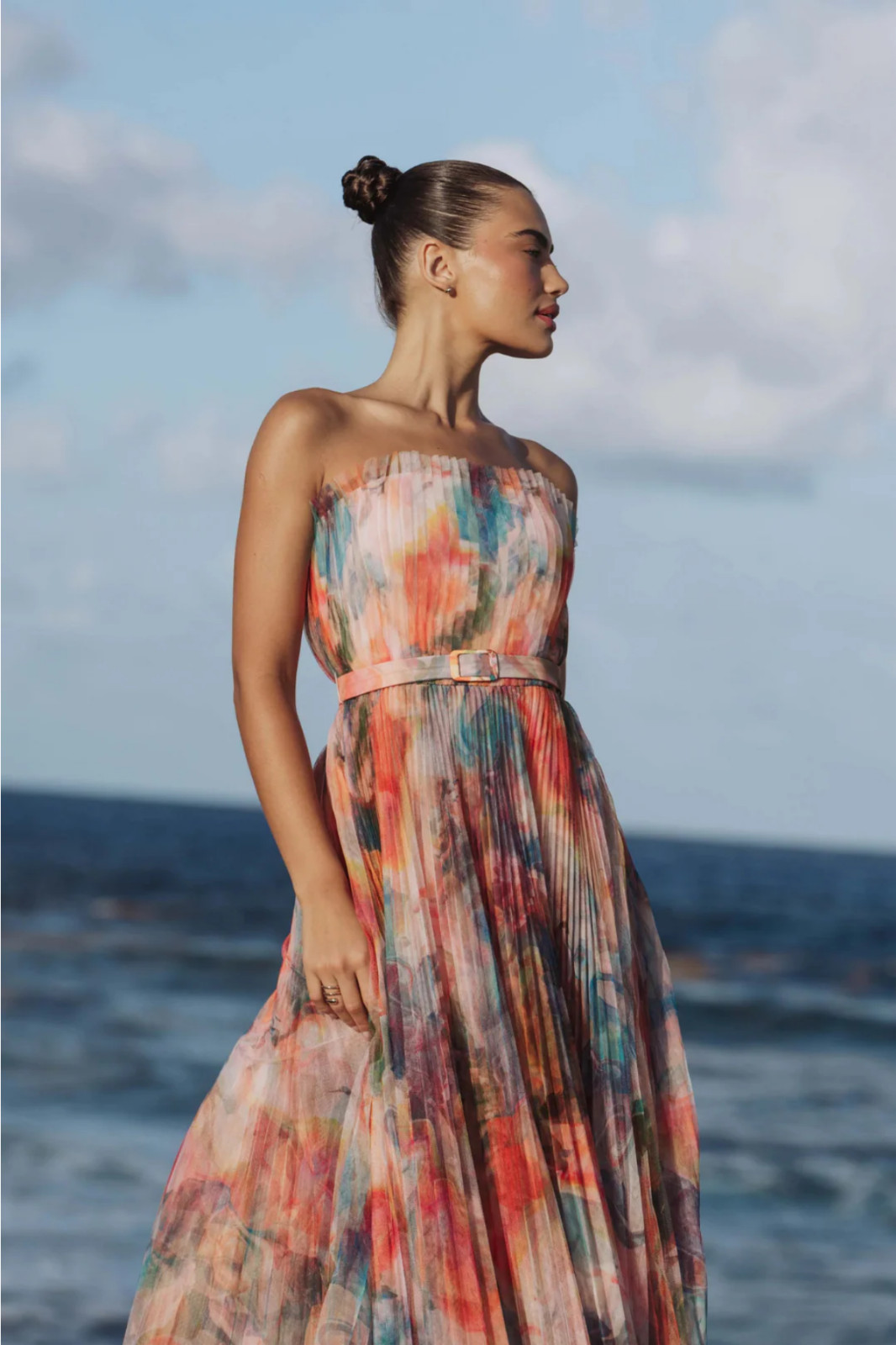 Hutch Strapless Belted Chiffon Floral Micropleated Maxi Dress Size 10