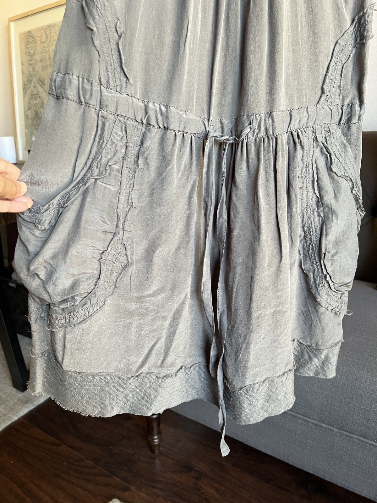 Monoreno Sleeves Army Green Silk Drawstring Boho Dress Size M