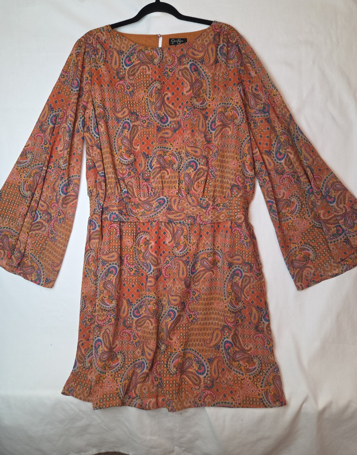 Jessica Simpson 1X Boho Orange Paisley Lined Dress Bell Sleeve