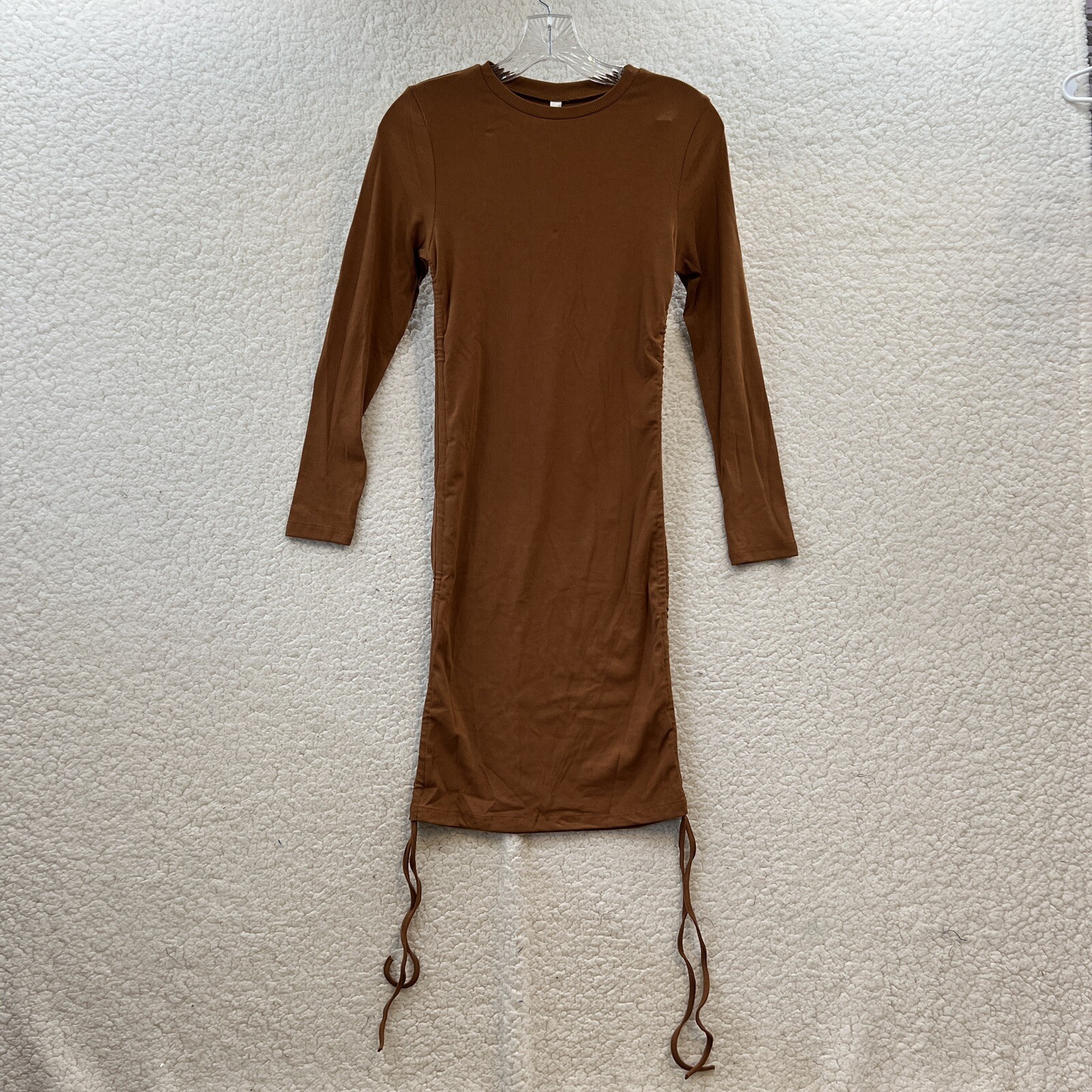 My Heat Bodycon Side Cinch Up Ties Ruched Ribbed Dress Brown Women’s Size M NWT