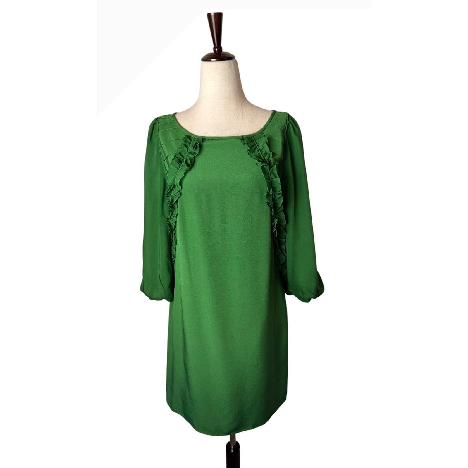 Tibi Silk Shift Dress Women 4 Green Ruffle Pintuck Puff Sleeve Luxury Silky