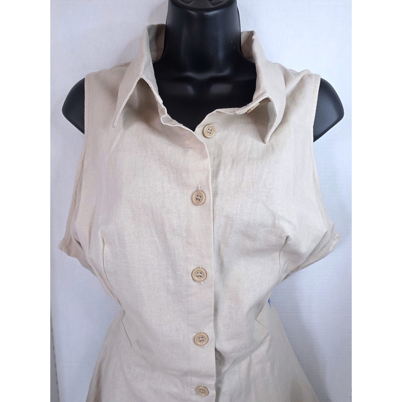 AA Studio Khaki Linen Blend Button Front Sleeveless Midi Shirtdress 16 RUN SMALL