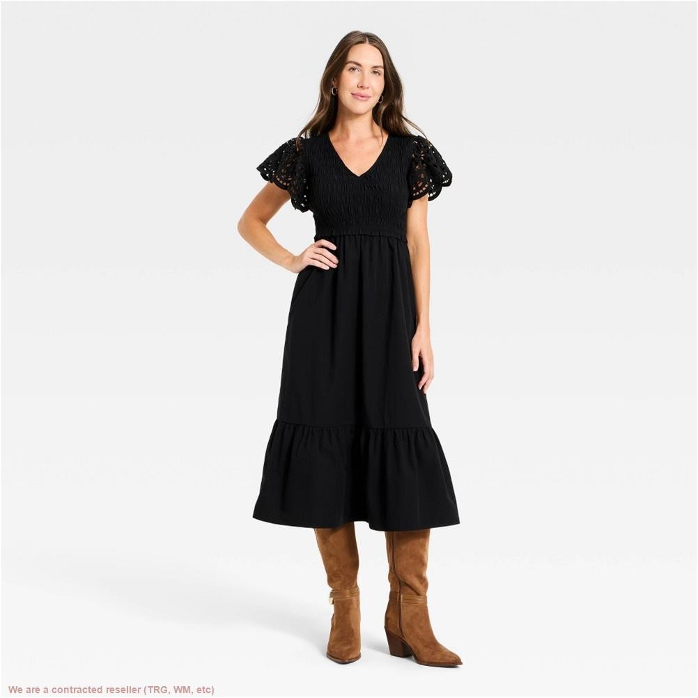 Women’s Flutter Short Sleeve Smocked Midi A-Line Dress Black XS *SEE DEAL!!!*