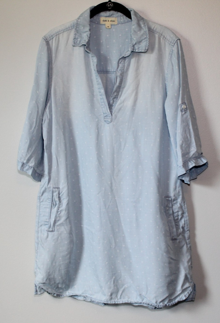 Cloth & Stone Dot Denim Chambray Tunic Top Faded Mini Shirt Dress Size Medium