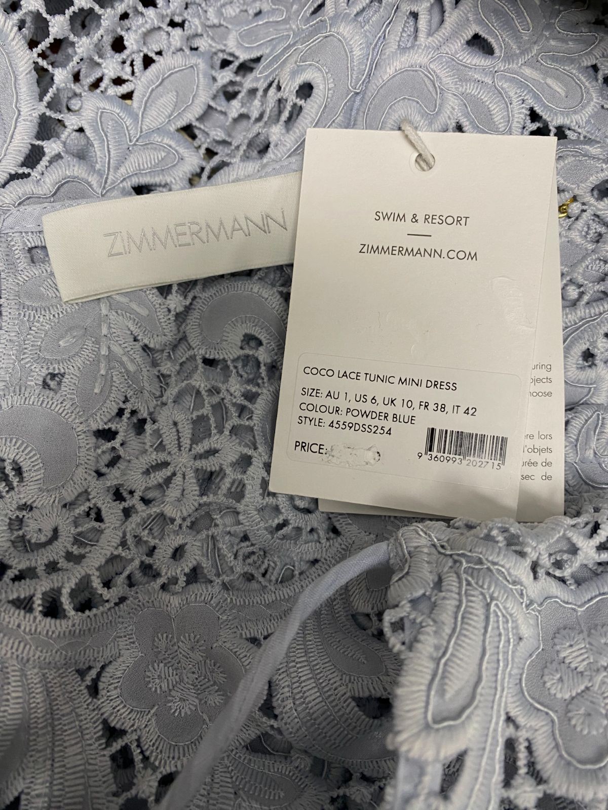 Zimmermann Women’s Blue Coco Lace Tunic Mini Dress Size 1
