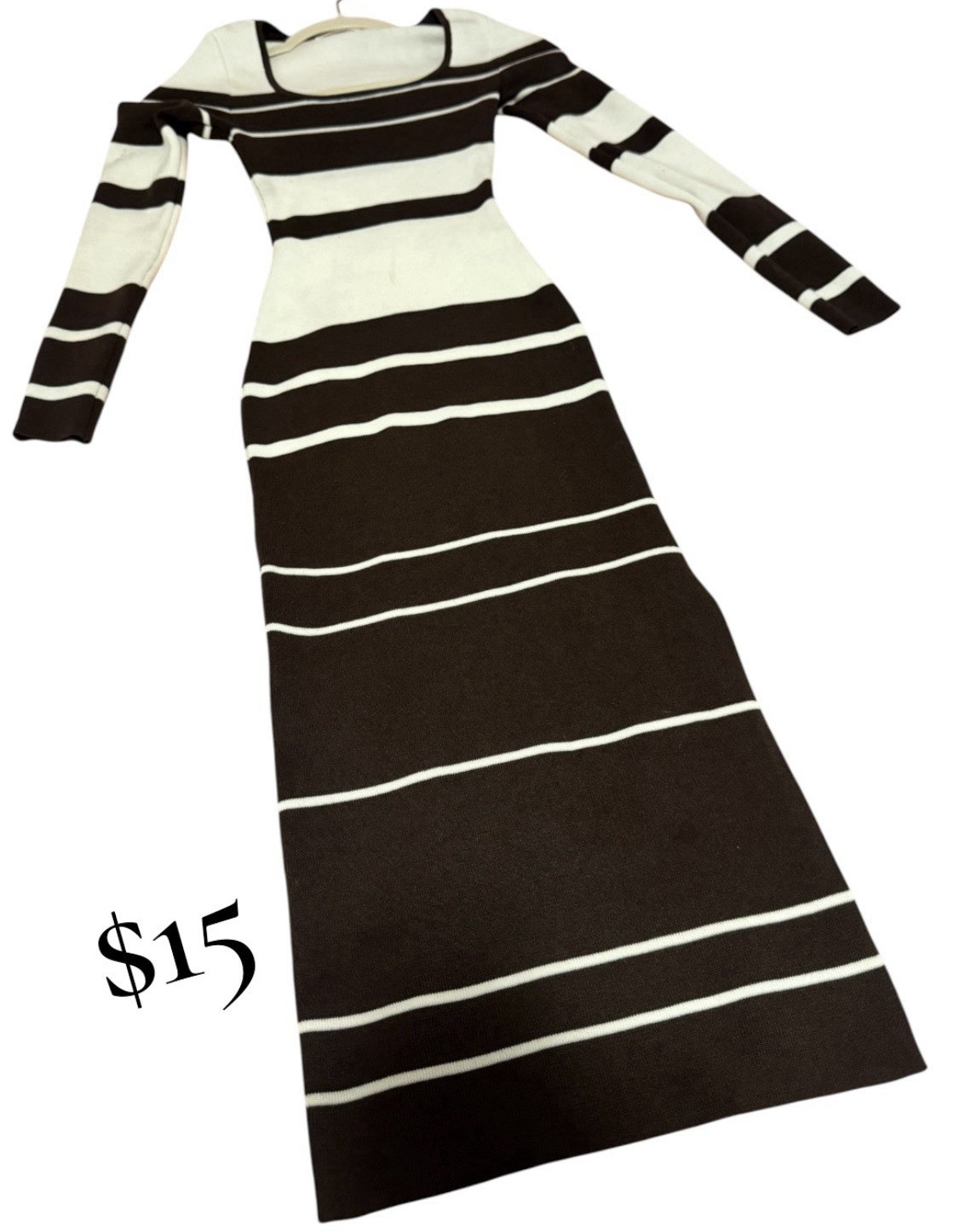 Brown & White Striped Knit Sweater Maxi Dress, Long Sleeve Scoop Neck, M