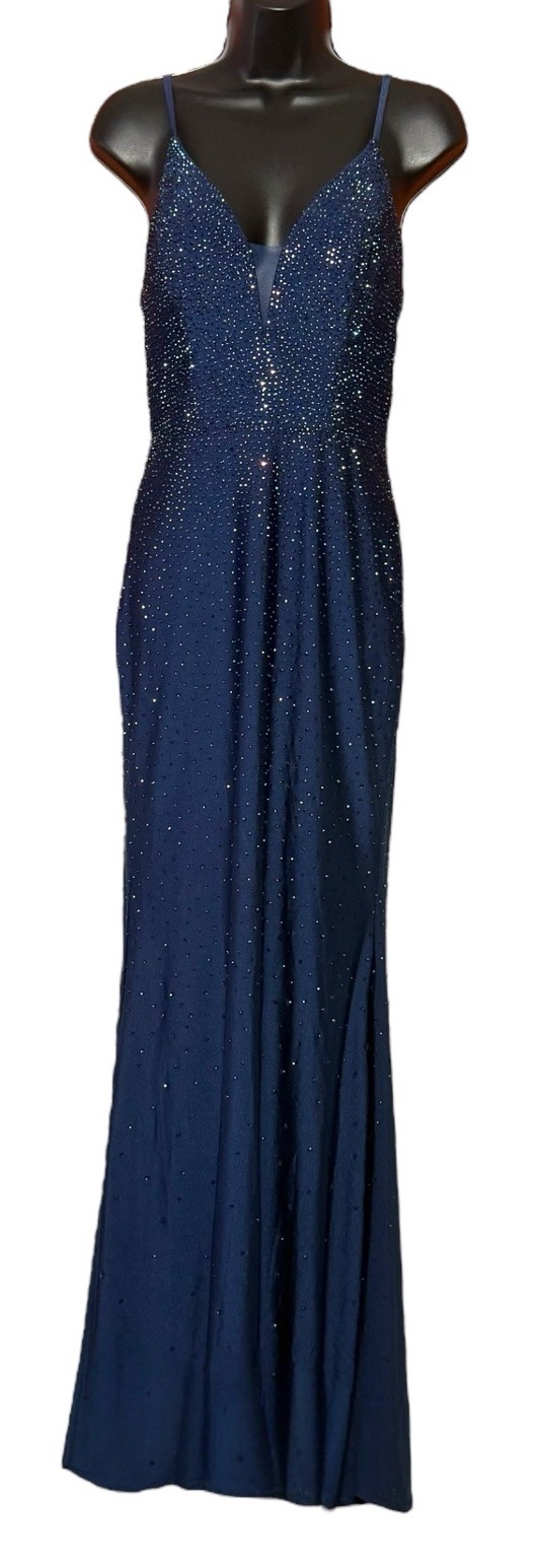 Dancing Queen Navy Blue Beaded Sparkling Maxi Train Evening Dress Sz S