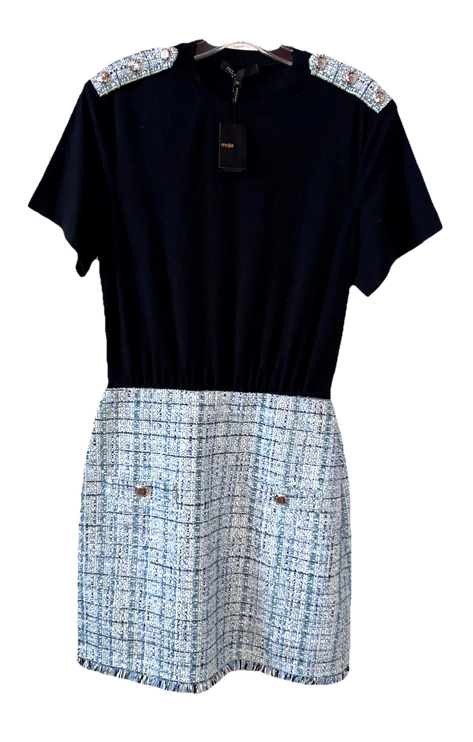 MAJE NWT Size 38 Rolineta Tweed Black Blue Mini Dress Short Sleeve Small S