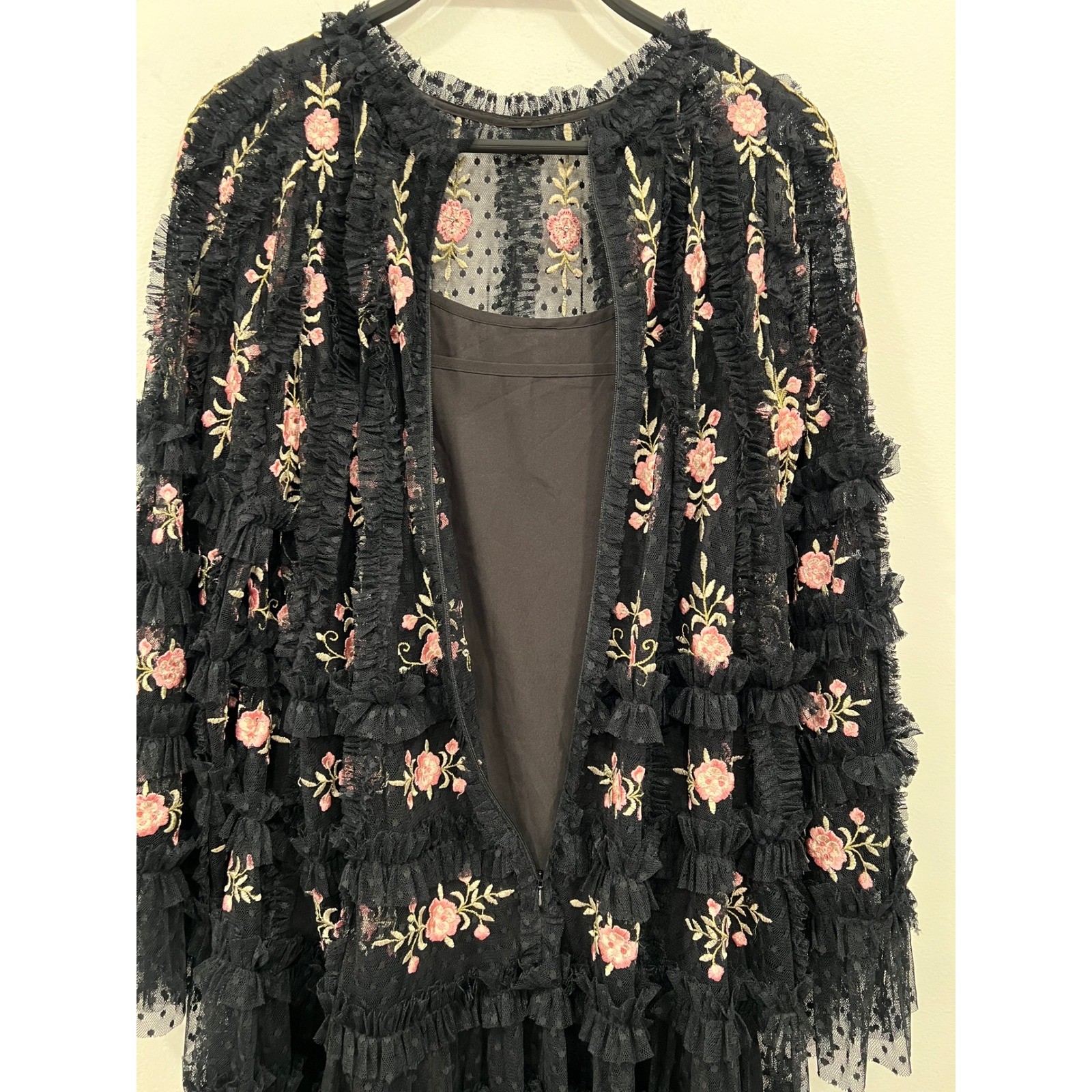 Mac Duggal Mini Dress Womens 8 Black Pink Floral Embroidered Tulle Tiered Ruffle