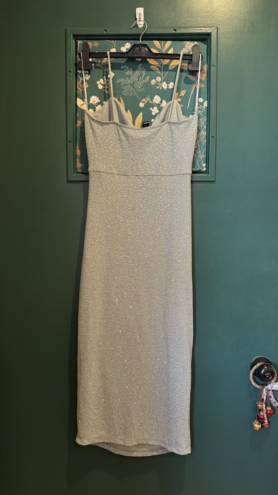 Windsor Silver Glitter Bodycon Midi Dress XL Cowl Neck Side Slit Ruched