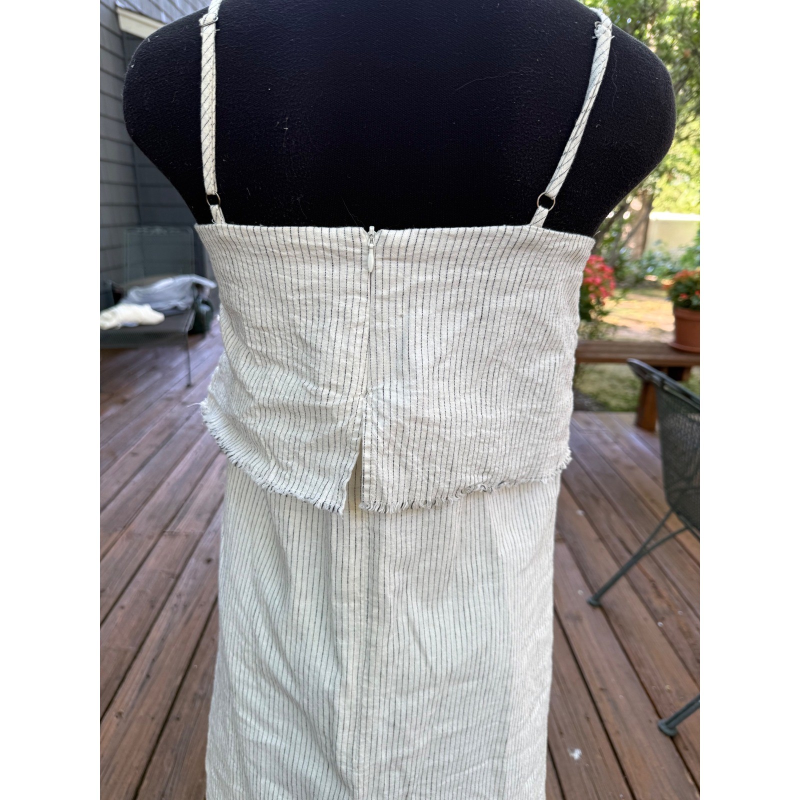 Zara Basic Z1975 Denim Pinstripe Linen Blend Ruffle Midi Dress Blue White Small