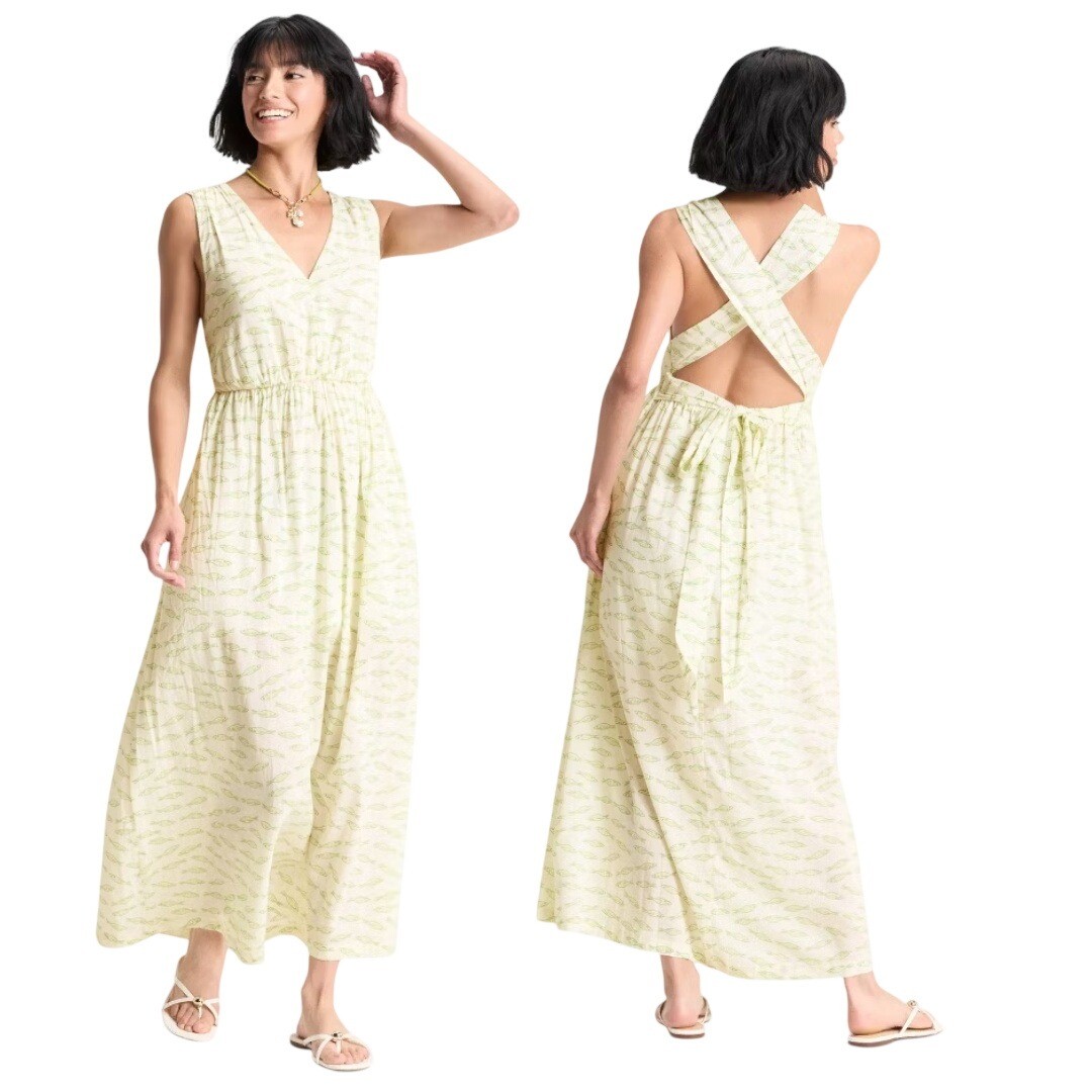 A New Day Women’s White Green Fish Print Open Back Maxi Dress Size Large
