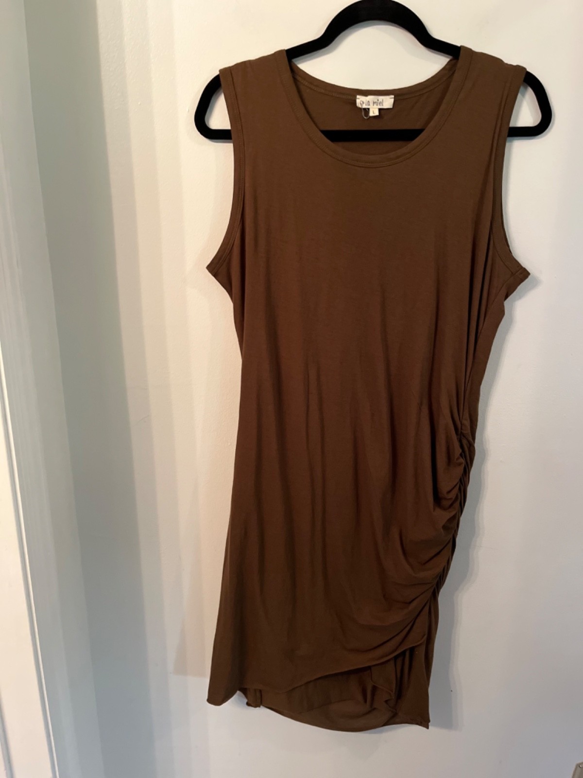 La Miel Brown Ruched Bodycon Cotton Teeshirt Sleeveless Dress Sz LG Y2K Stretch