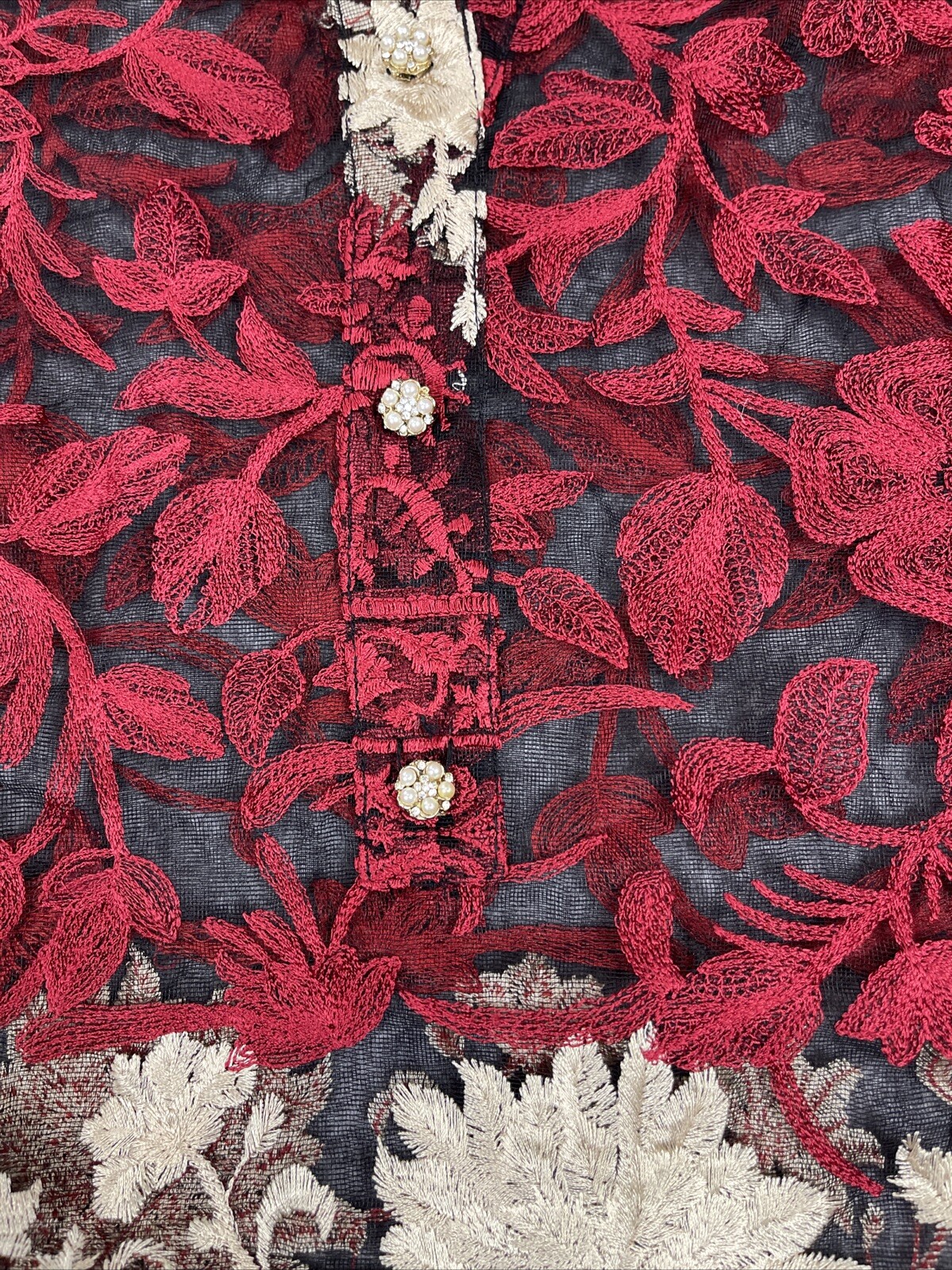 AghaNoor Sheer Overlay Dress Small Embroidered Lace Floral Whimsy Goth Boho Art