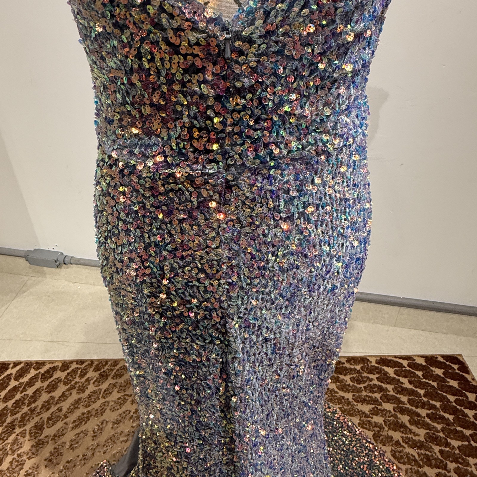Stella Couture Multicolor Sequin Off Shoulder Mermaid Gown High Slit Train