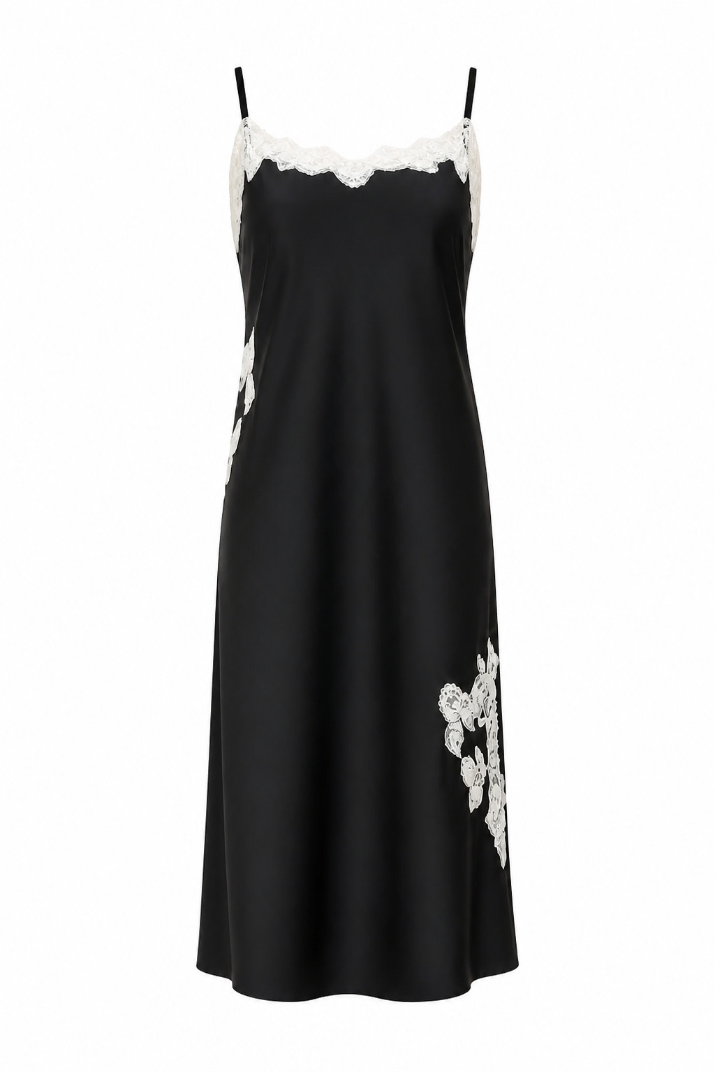 Vintage Black & White Satin Lace Trim Slip Dress Maxi Nightgown L